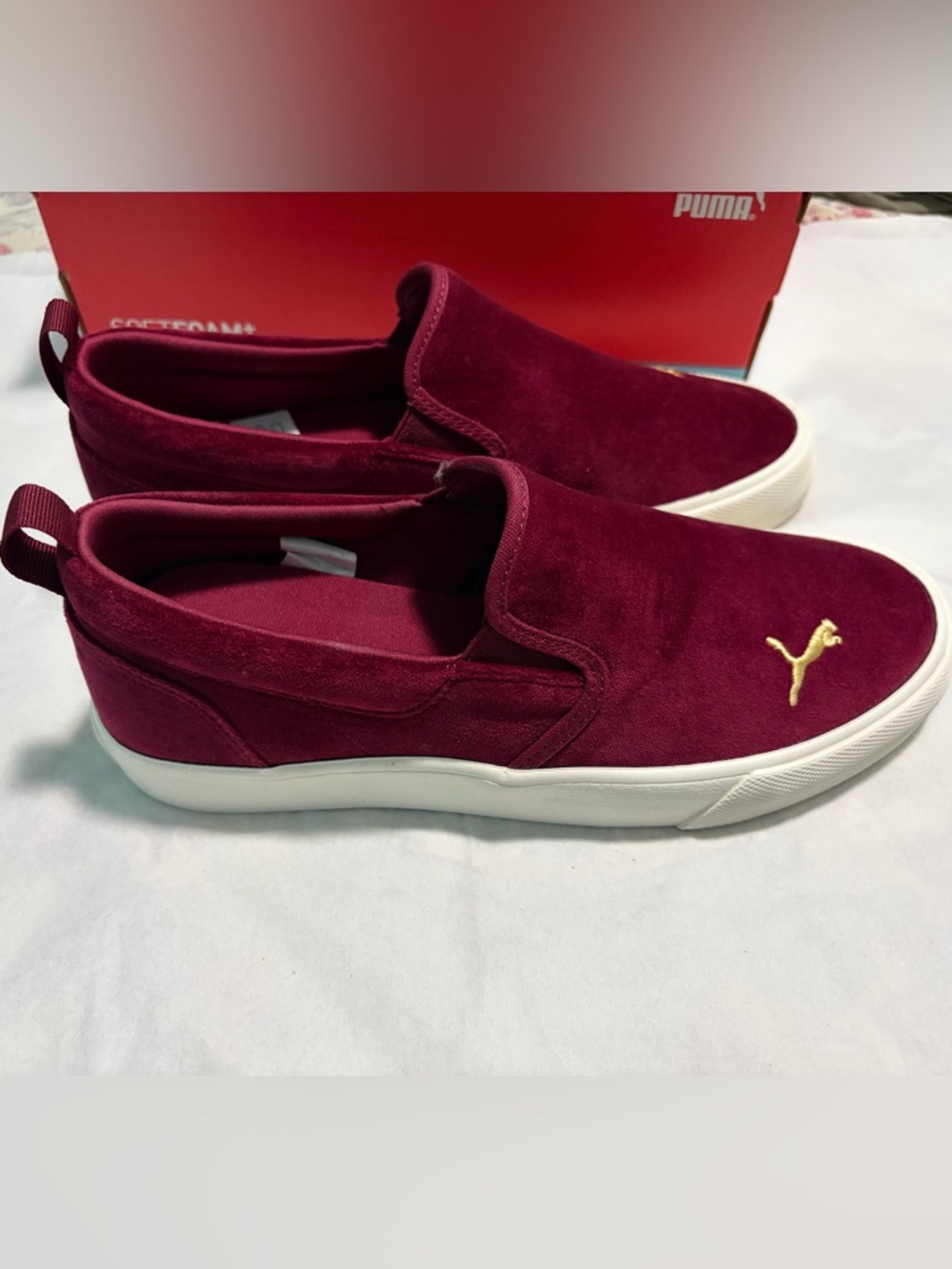 Puma Women’s Slip-On Loafers in Burgundy with Gold Logo
